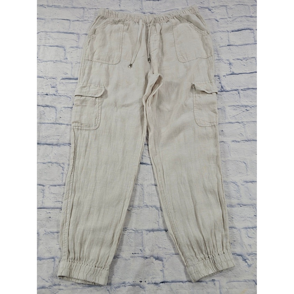 Nicole Miller Cargo Jogger WOMENS XL Beige 100% Linen Elastic Waist Pants